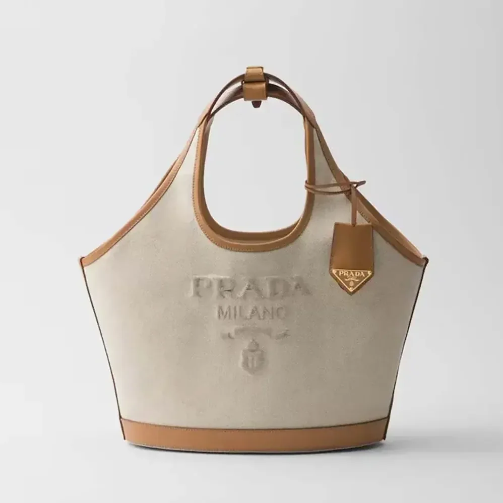 Prada Medium Linen Blend and Leather Tote Bag for Women Prada Medium Linen Blend and Leather Tote Bag for Women