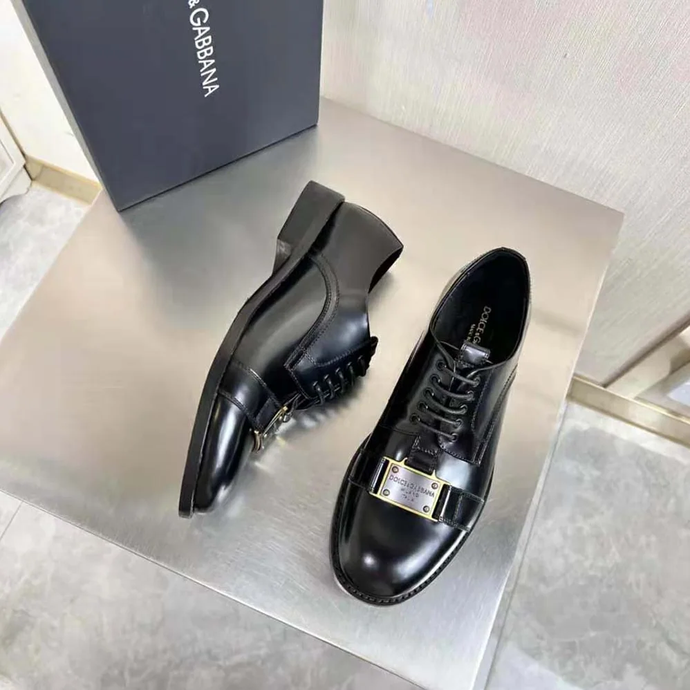 Dolce Gabbana D&G Brushed Calfskin Derby Shoes with Branded Plate for Men