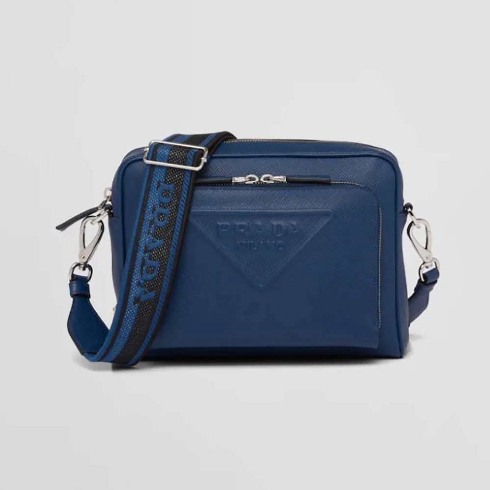 Prada Saffiano Leather Shoulder Bag With Iconic Prada Material for Men in Navy