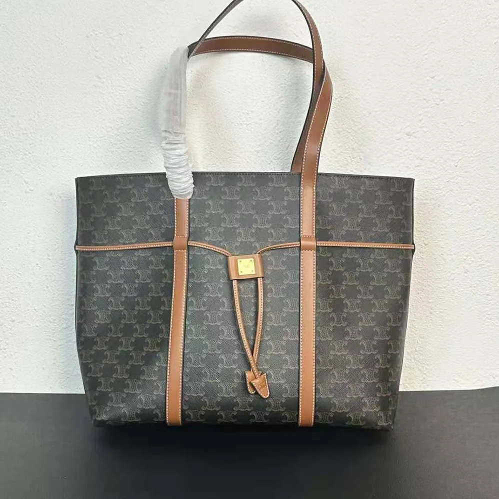 Celine Cabas Drawstring in Triomphe Canvas and Calfskin for Women in Brown