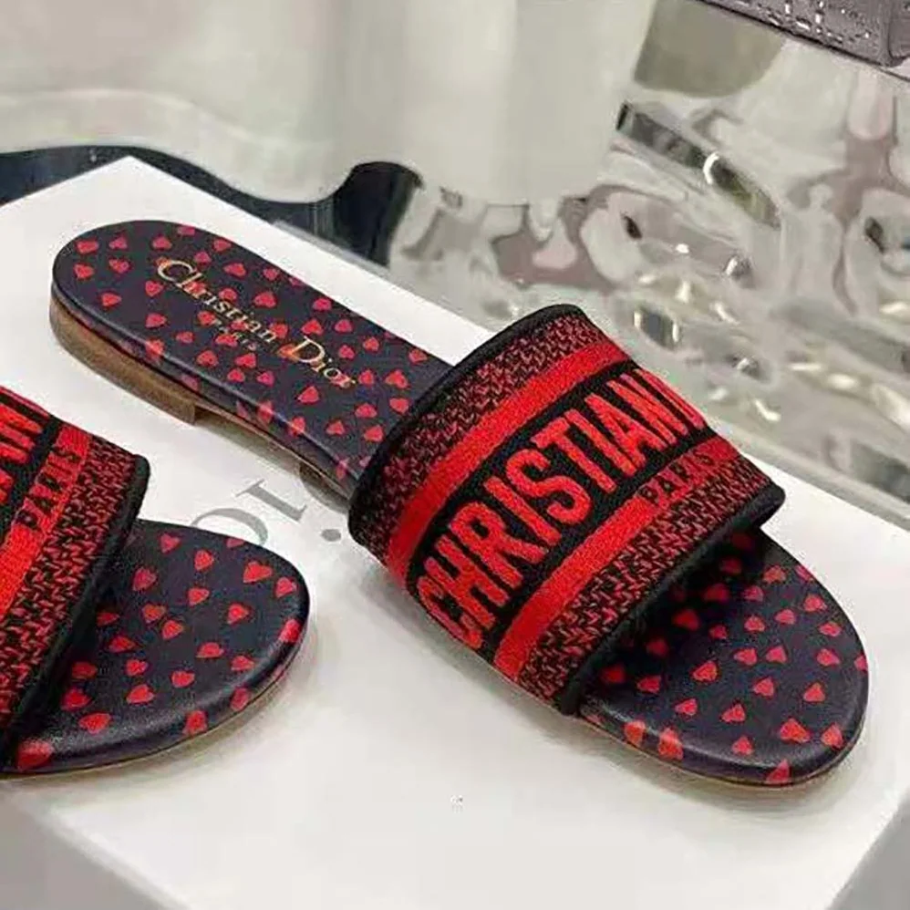 Dior Dway Slide Navy Blue and Red Hearts I Love Paris Embroidered Cotton for Women Dior Dway Slide Navy Blue and Red Hearts I Love Paris Embroidered Cotton for Women