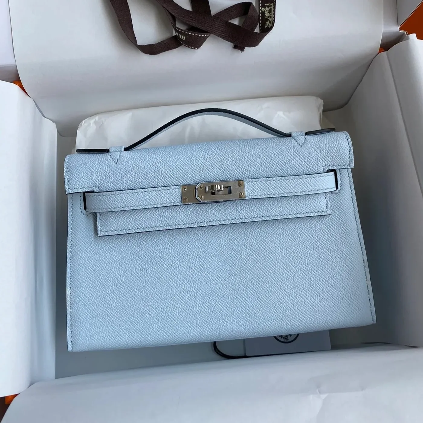 Hermes Kelly Pochette Top Handle Bag / Sky Blue Epsom Palladium Hardware Hermes Kelly Pochette Top Handle Bag / Sky Blue Epsom Palladium Hardware