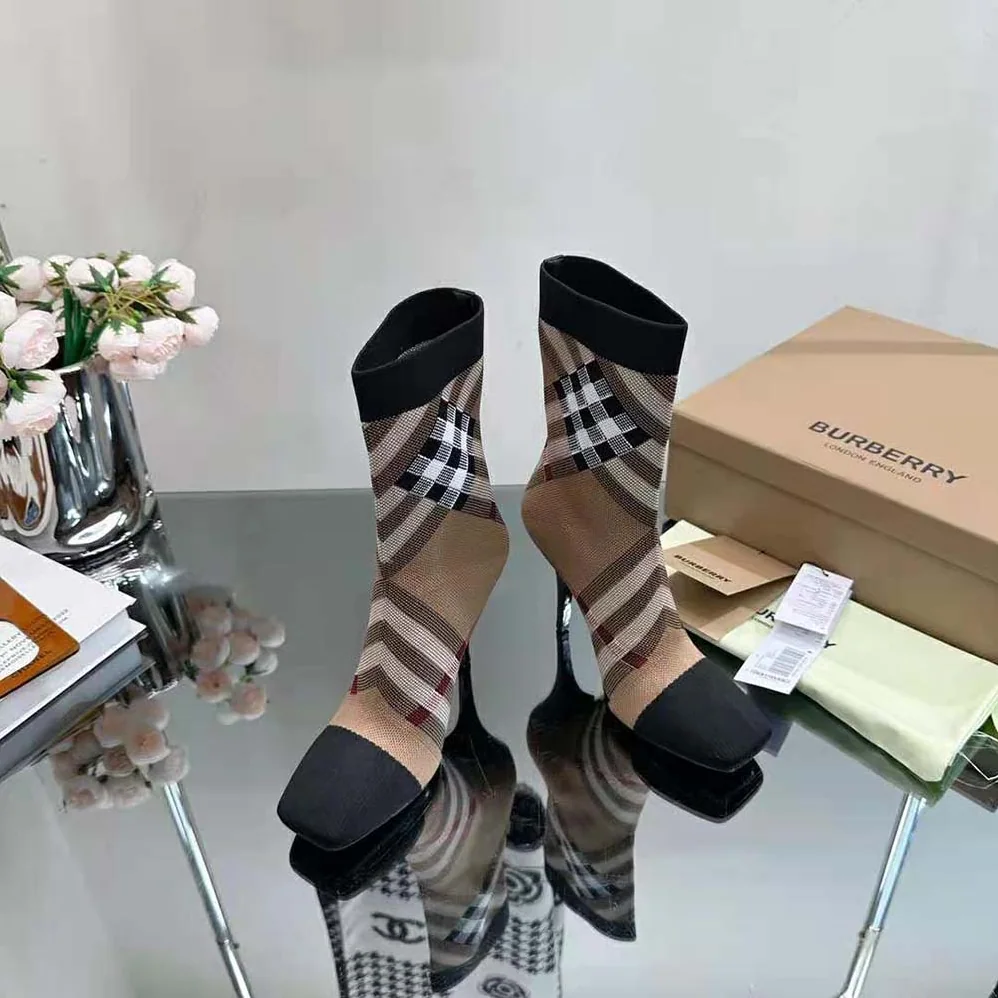 Burberry Knitted Check Sock Boots for Women in Black