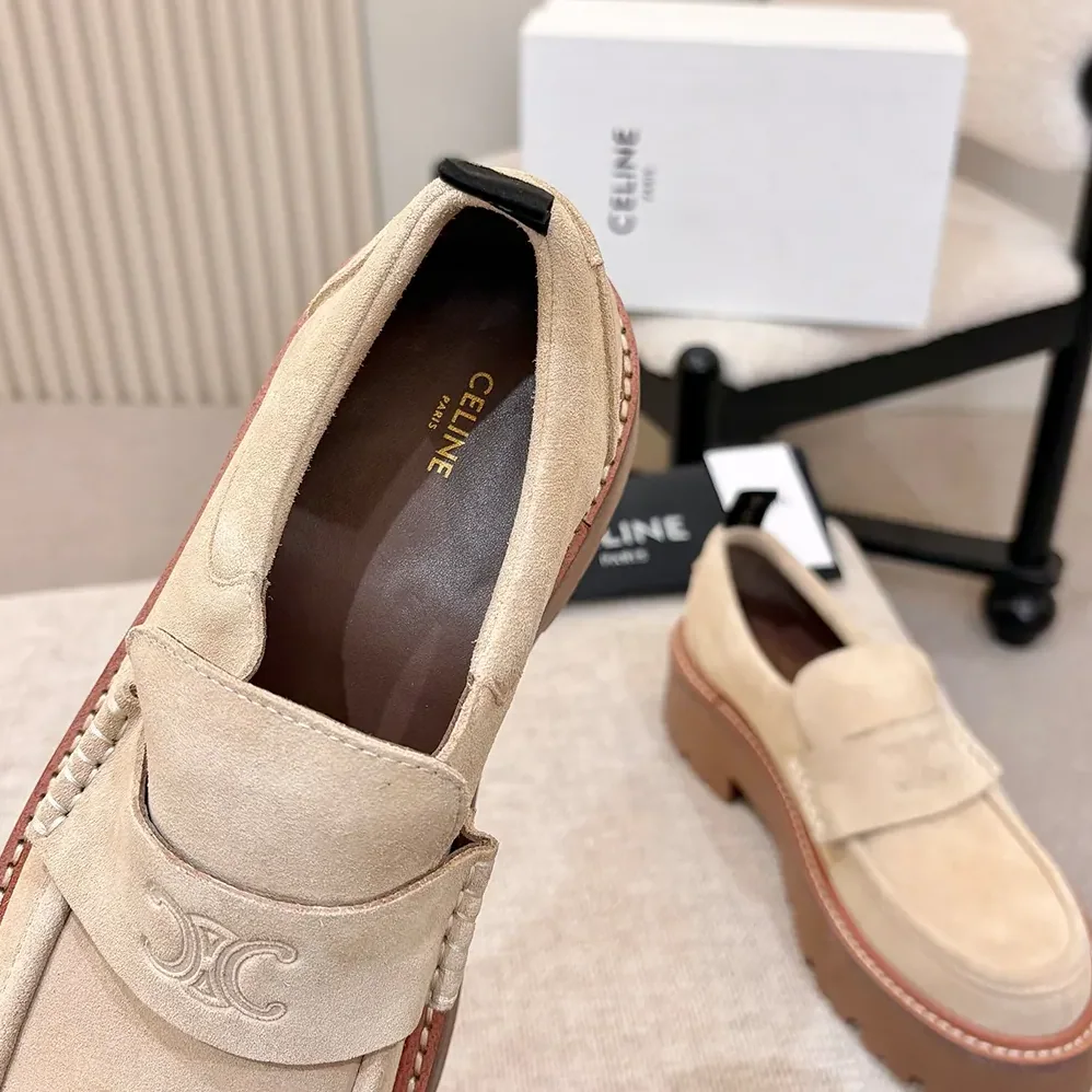 Celine Triomphe Loafers in Suede Calfskin for Women in Beige Celine Triomphe Loafers in Suede Calfskin for Women in Beige