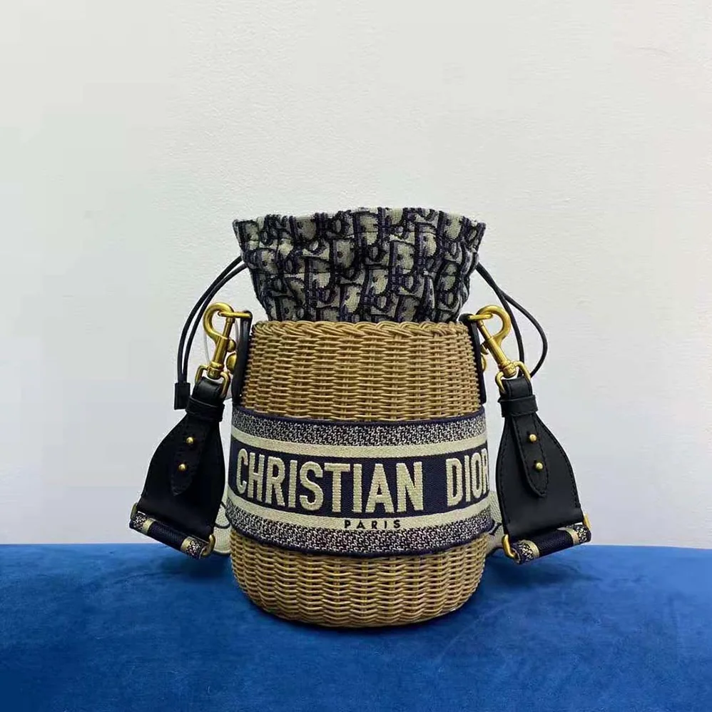 Dior Dior Wicker Bucket Bag Blue Dior Oblique Jacquard and Natural Wicker for Women Dior Dior Wicker Bucket Bag Blue Dior Oblique Jacquard and Natural Wicker for Women