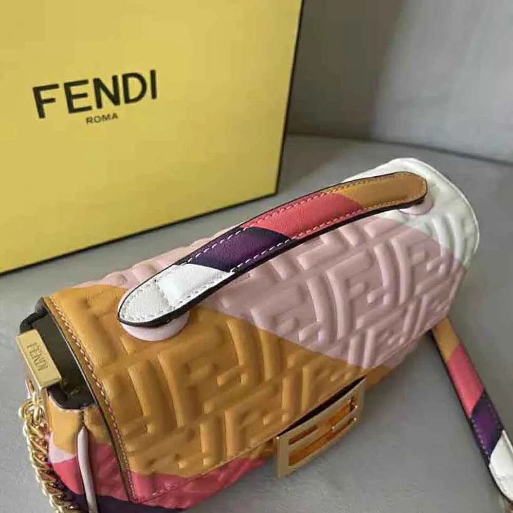 Fendi Baguette Chain Midi Leather Bag with Multicolour Print for Women Fendi Baguette Chain Midi Leather Bag with Multicolour Print for Women