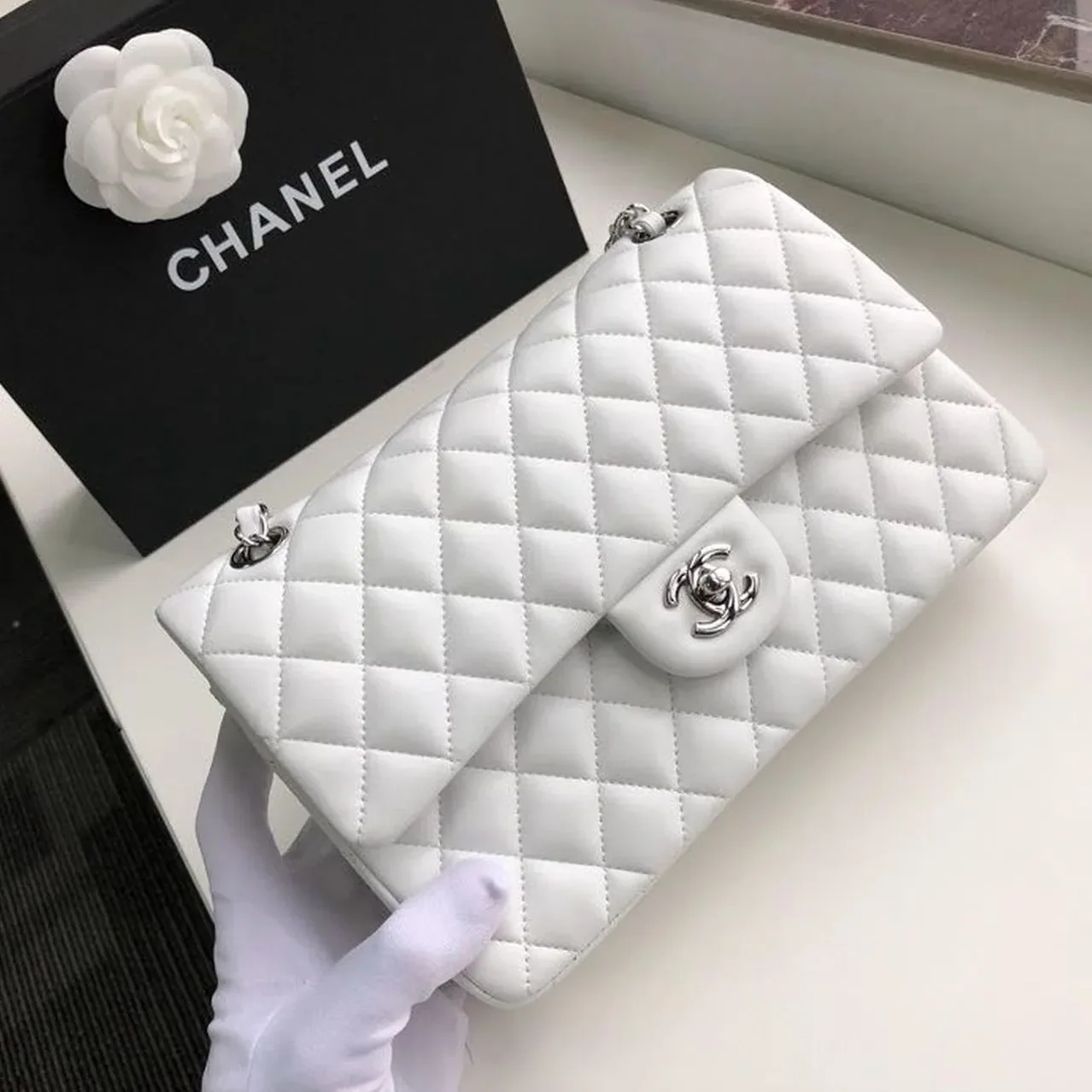 Chanel Classic Double Flap Bag Medium Crossbody in White Silver Hardware