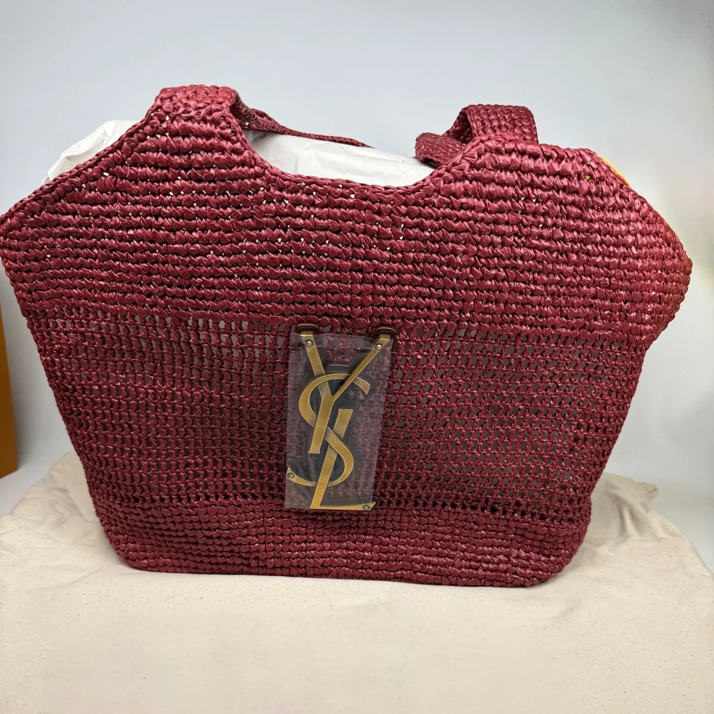 Saint Laurent Icare Medium Tote Bag / Rouge Cabernet Raffia Bronze Hardware Saint Laurent Icare Medium Tote Bag / Rouge Cabernet Raffia Bronze Hardware