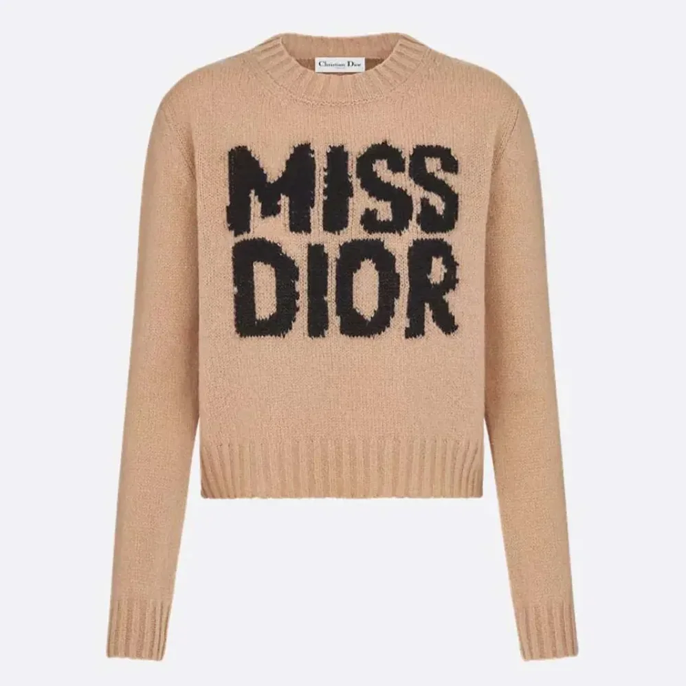 Dior Sweater Pale Pink Cashmere and Silk Knit with Black Miss Dior Graffiti Motif for Women Dior Sweater Pale Pink Cashmere and Silk Knit with Black Miss Dior Graffiti Motif for Women