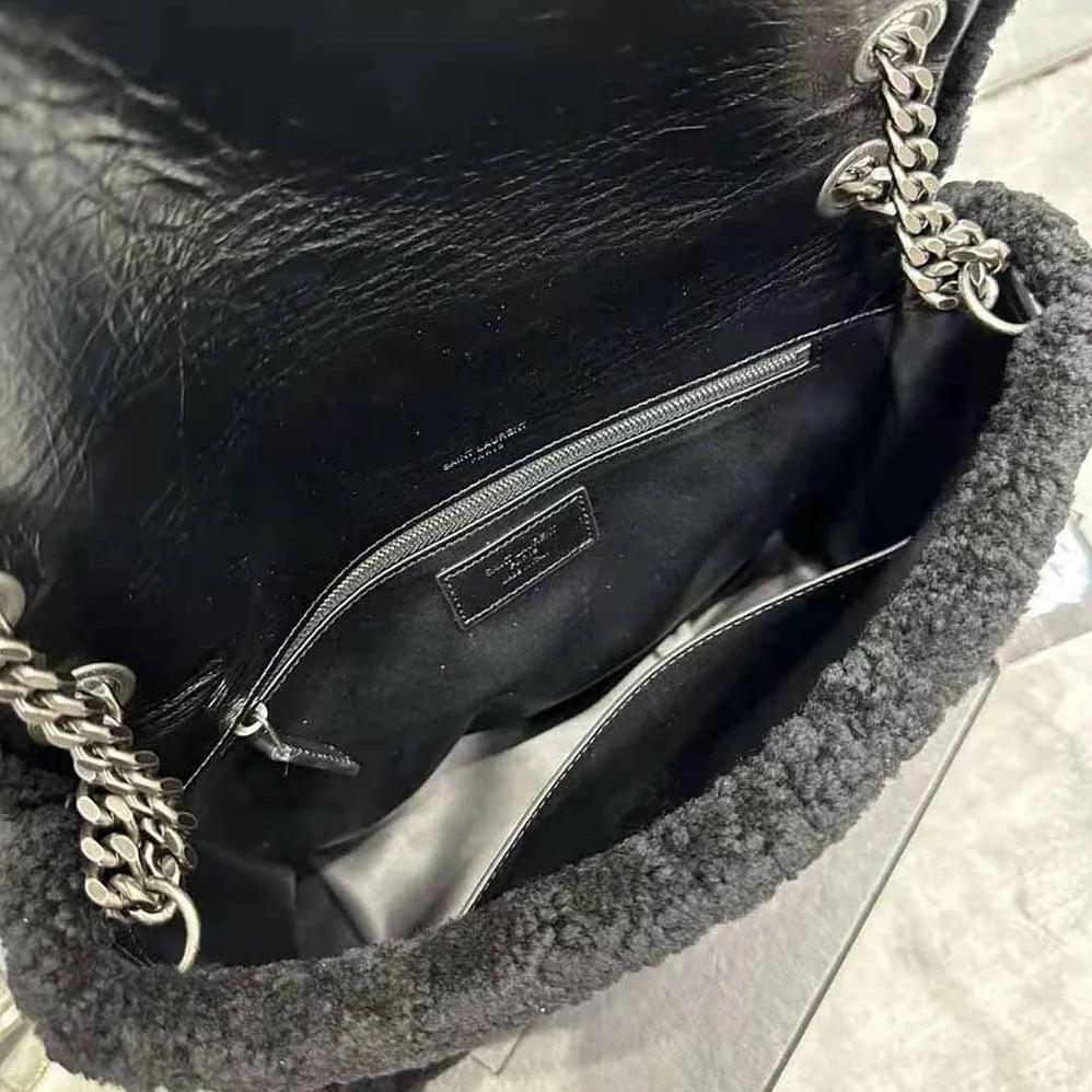 Saint Laurent YSL Niki Medium Chain Bag in Crinkled Leather and Shearling for Women Saint Laurent YSL Niki Medium Chain Bag in Crinkled Leather and Shearling for Women