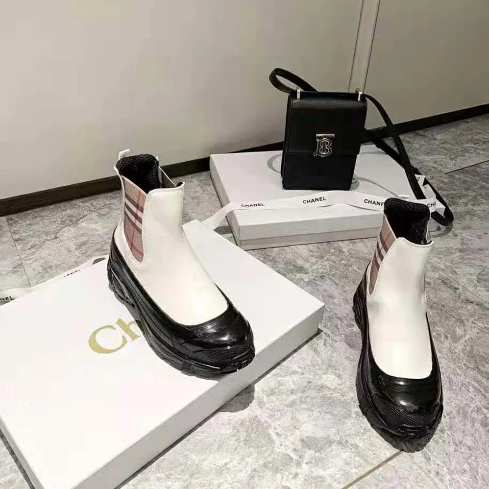 Burberry Vintage Check Detail Coated Canvas Chelsea Boots for Women in White