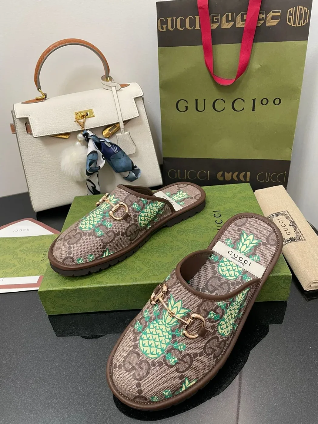 Gucci GG Slipper With Horsebit Brown in Pineapple Print GG Shoes for Men Gucci GG Slipper With Horsebit Brown in Pineapple Print GG Shoes for Men