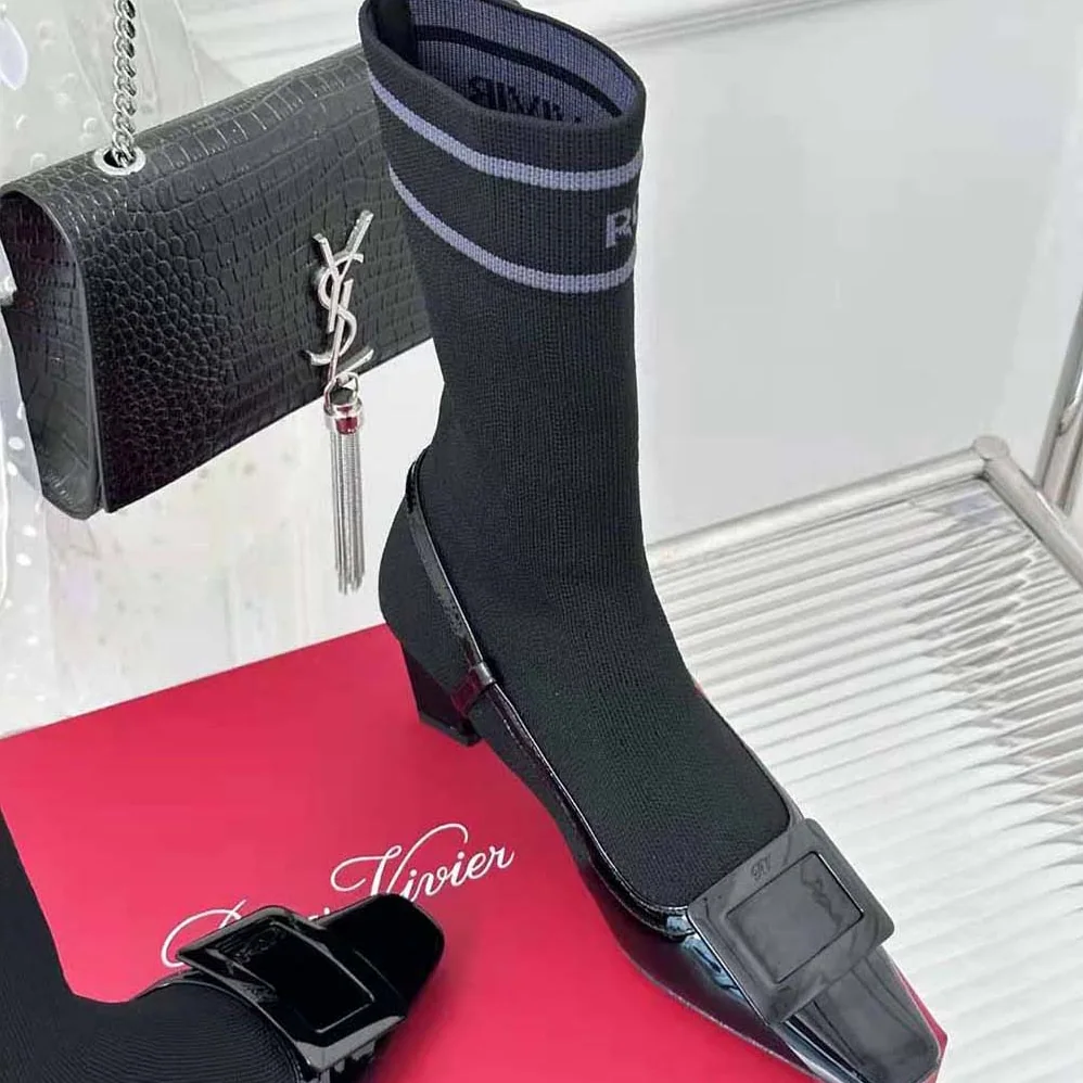 Roger Vivier Belle Vivier Sock Lacquered Buckle Ankle Boots in Patent Leather for Women in Black Roger Vivier Belle Vivier Sock Lacquered Buckle Ankle Boots in Patent Leather for Women in Black