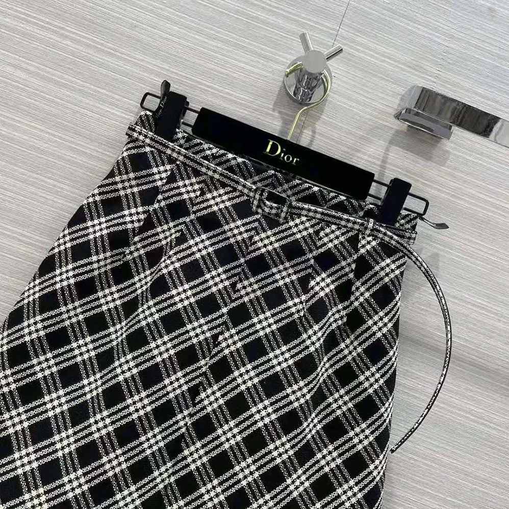 Dior Belted Short Skirt Black and White Check'N'Dior Virgin Wool for Women