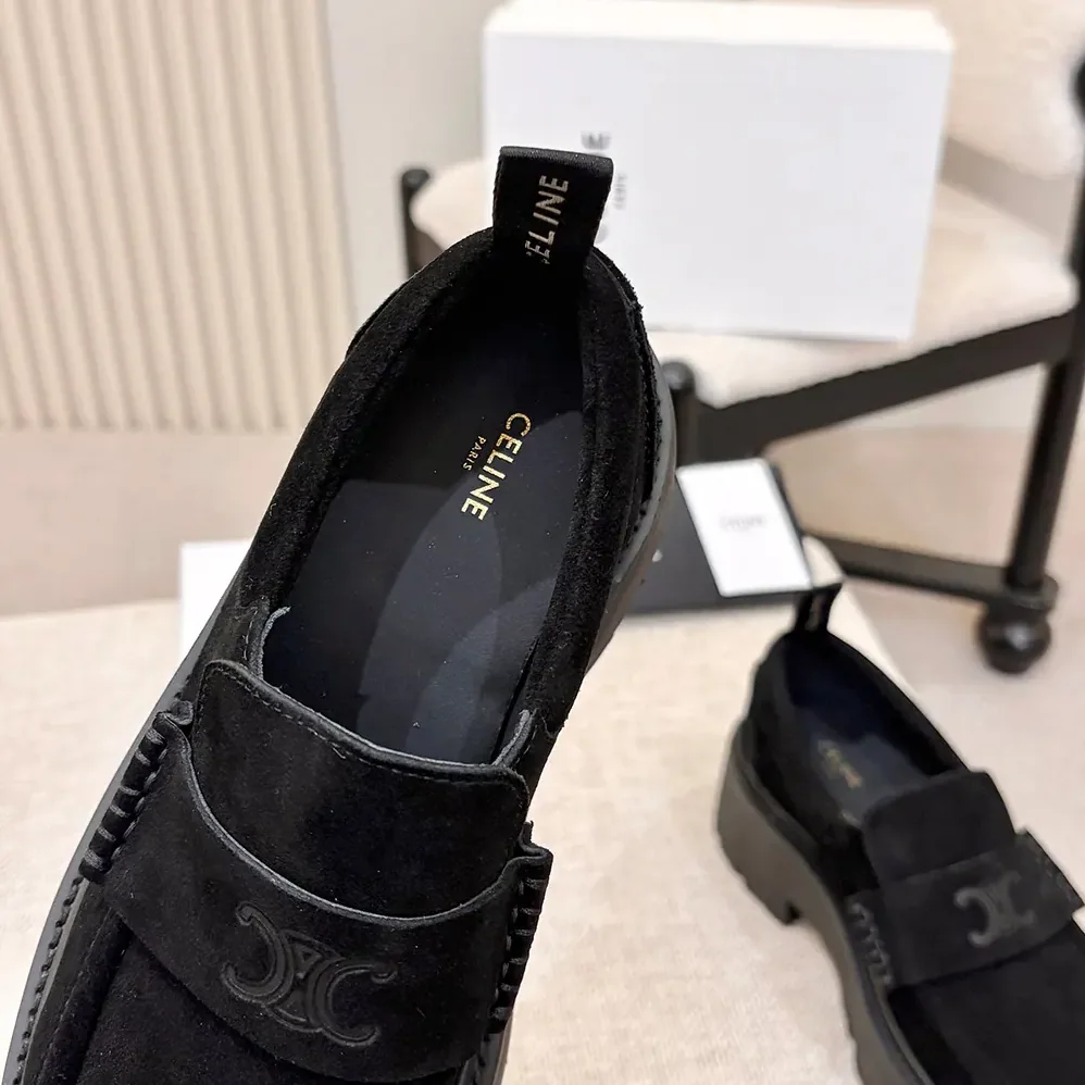 Celine Triomphe Loafers in Suede Calfskin for Women in Black Celine Triomphe Loafers in Suede Calfskin for Women in Black
