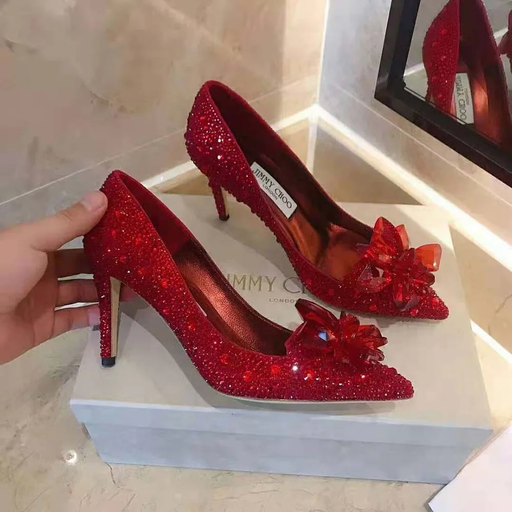 Jimmy Choo Alia Red Crystal Covered Pointy Toe Pumps for Women Jimmy Choo Alia Red Crystal Covered Pointy Toe Pumps for Women