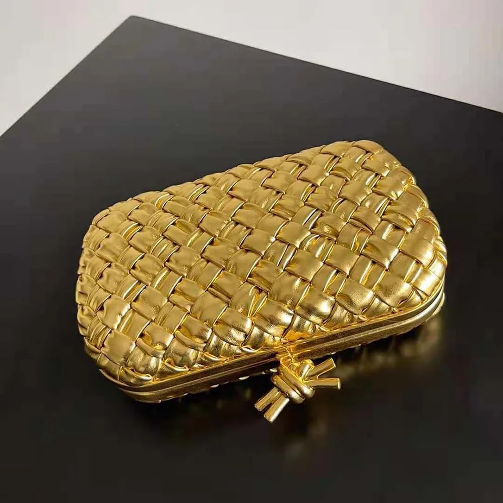Bottega Veneta Knot Pressed Intreccio Laminated Leather Minaudiere for Women in Gold