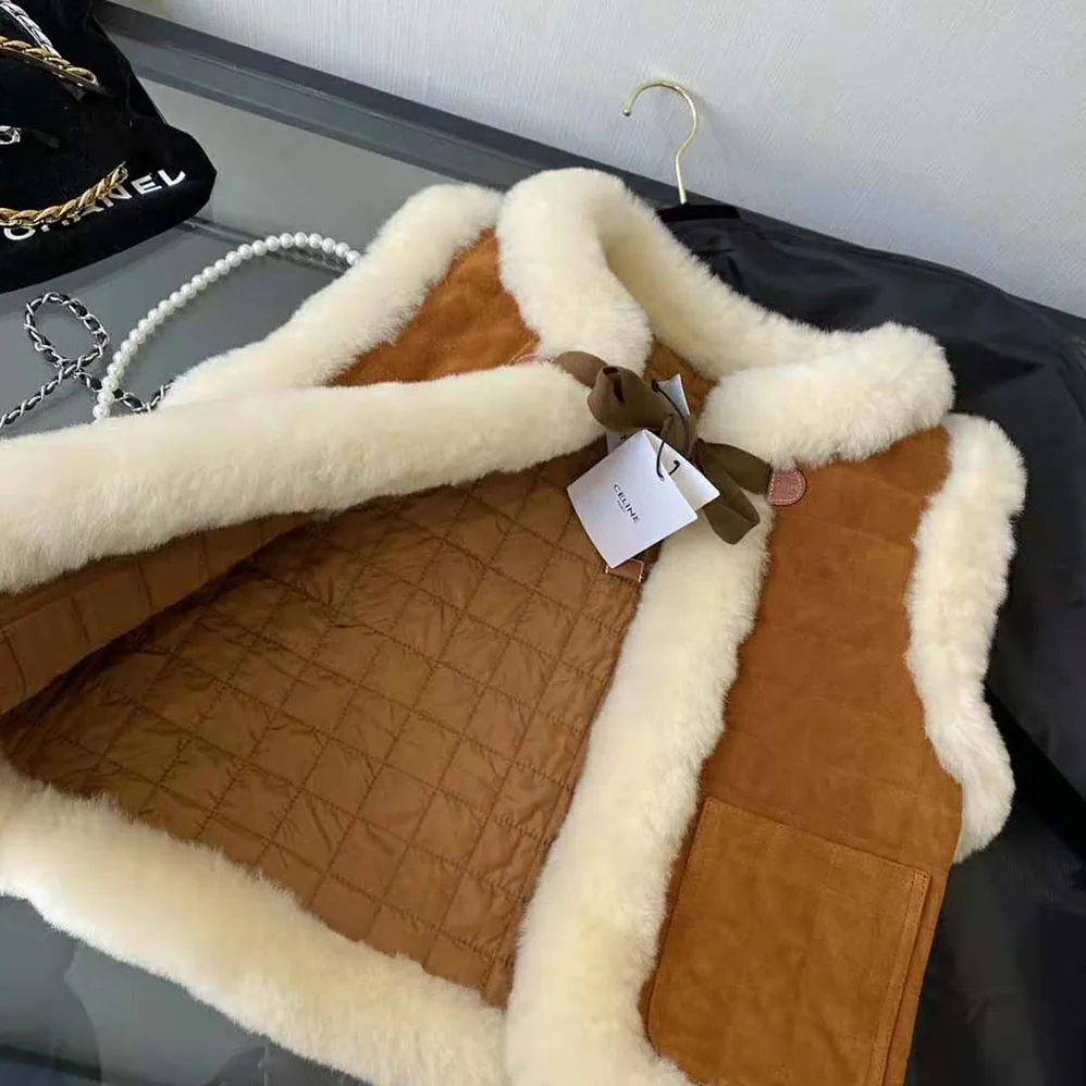Celine Quilted Vest in Split Leather for Women in Brown