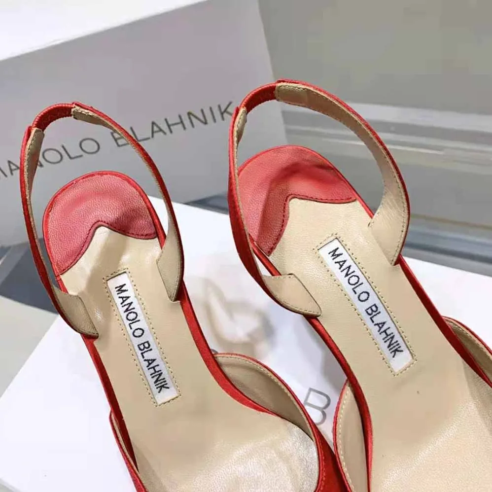 Manolo Blahnik Red Satin Jewel Buckle Slingback Pumps for Women Manolo Blahnik Red Satin Jewel Buckle Slingback Pumps for Women