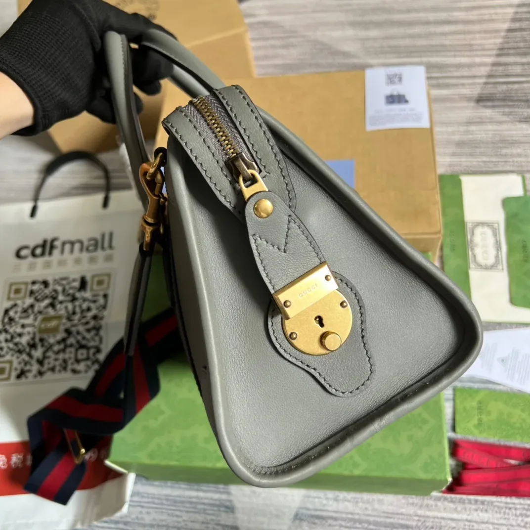 Small Bauletto Top Handle Bag With Double G Brown in Grey / Small Bauletto Top Handle Bag With Double G Brown in Grey /
