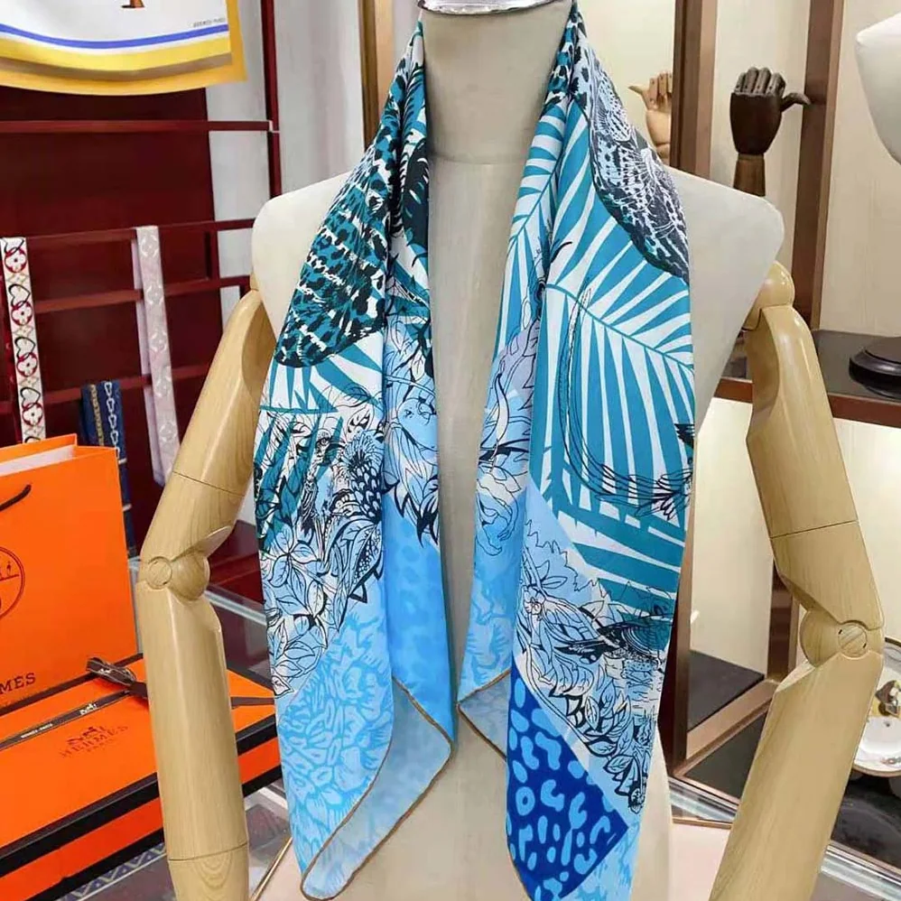 Hermes Jungle Love Stamped Scarf 70 in Silk Twill with Hand-Rolled Edges for Women in Blue