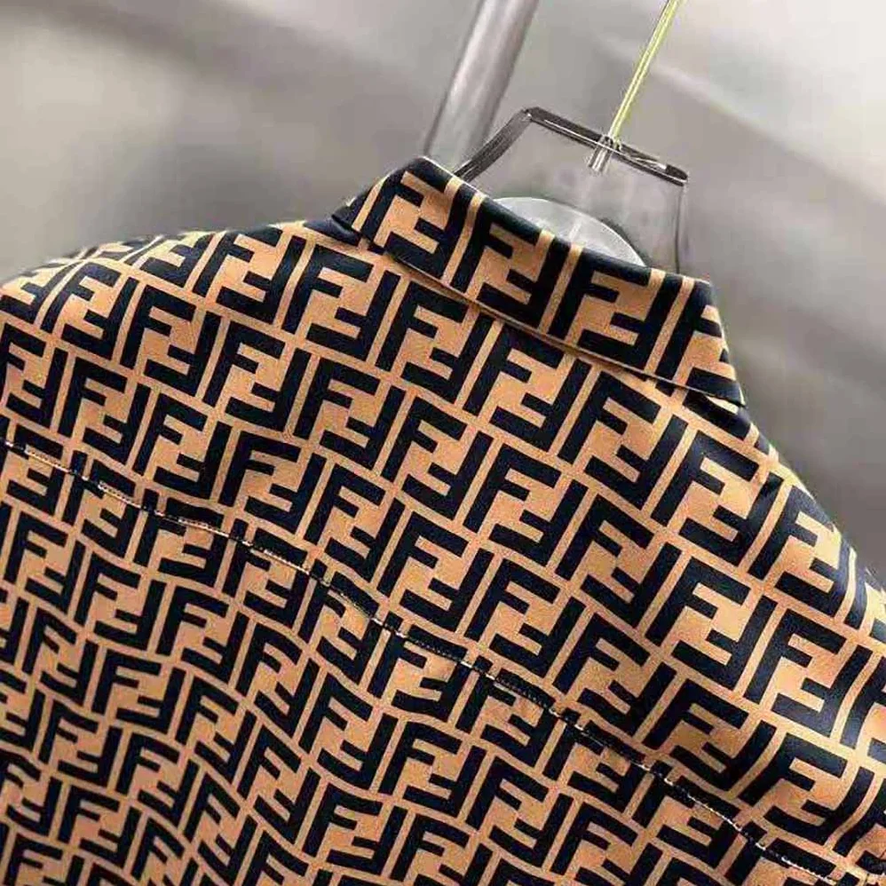 Fendi Brown Silk Shirt with FF Motif Printed All Over for Men Fendi Brown Silk Shirt with FF Motif Printed All Over for Men
