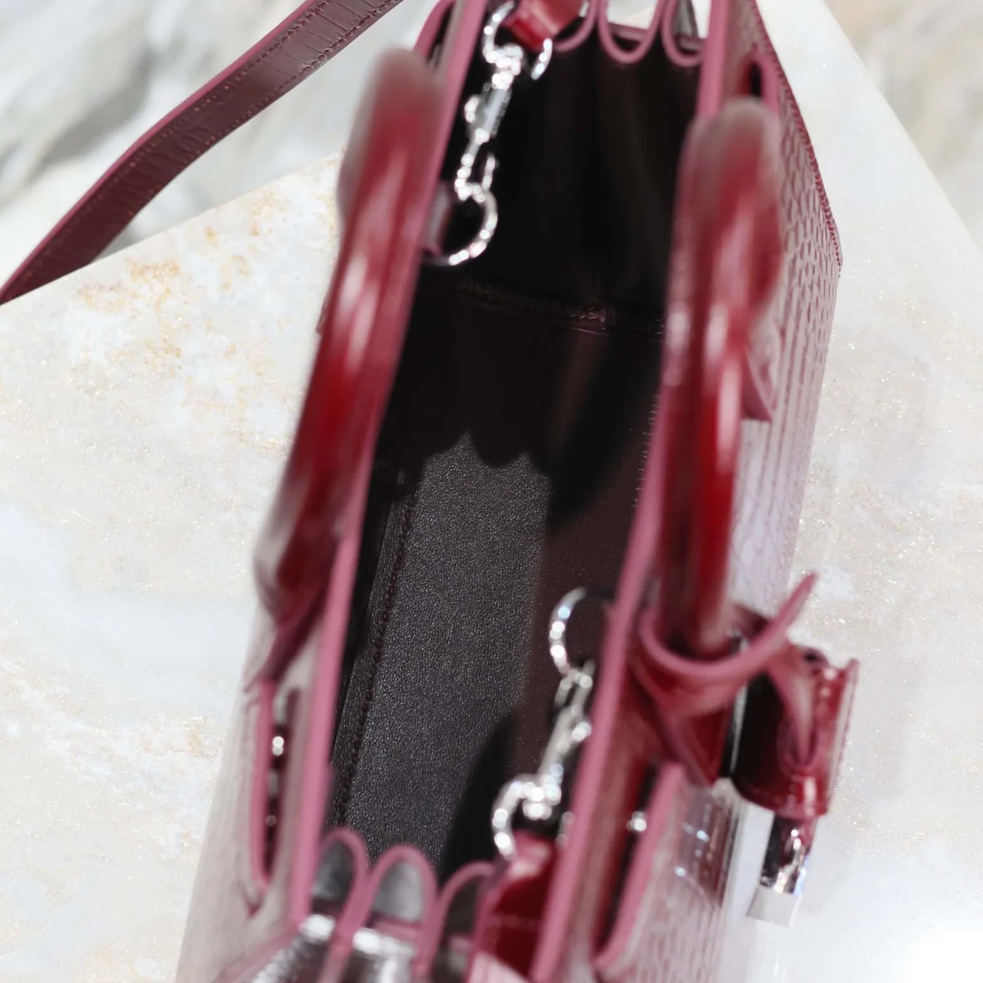 Saint Laurent YSL Sac De Jour in Crocodile Embossed Leather Nano for Women in Maroon Saint Laurent YSL Sac De Jour in Crocodile Embossed Leather Nano for Women in Maroon