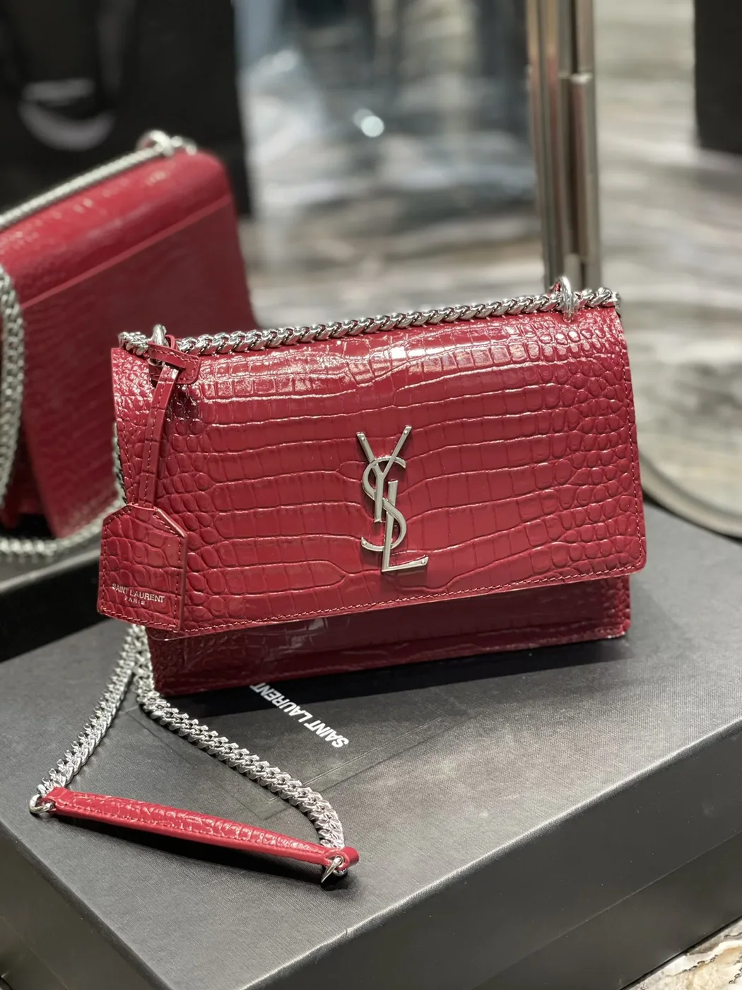Saint Laurent Sunset Medium Chain Bag Red in YSL Saint Laurent Sunset Medium Chain Bag Red in YSL