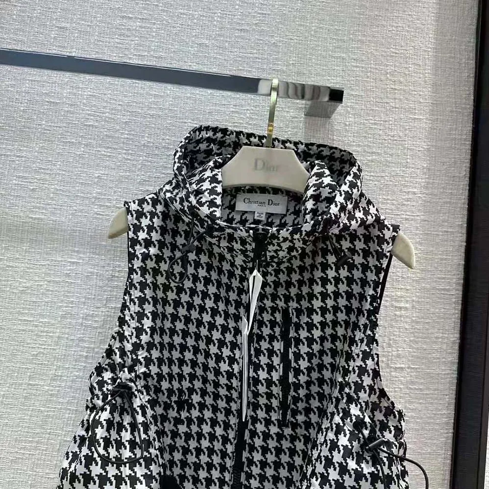 Dior Hooded Sleeveless Vest Black and White Technical Taffeta Jacquard with Macro Houndstooth Motif for Women