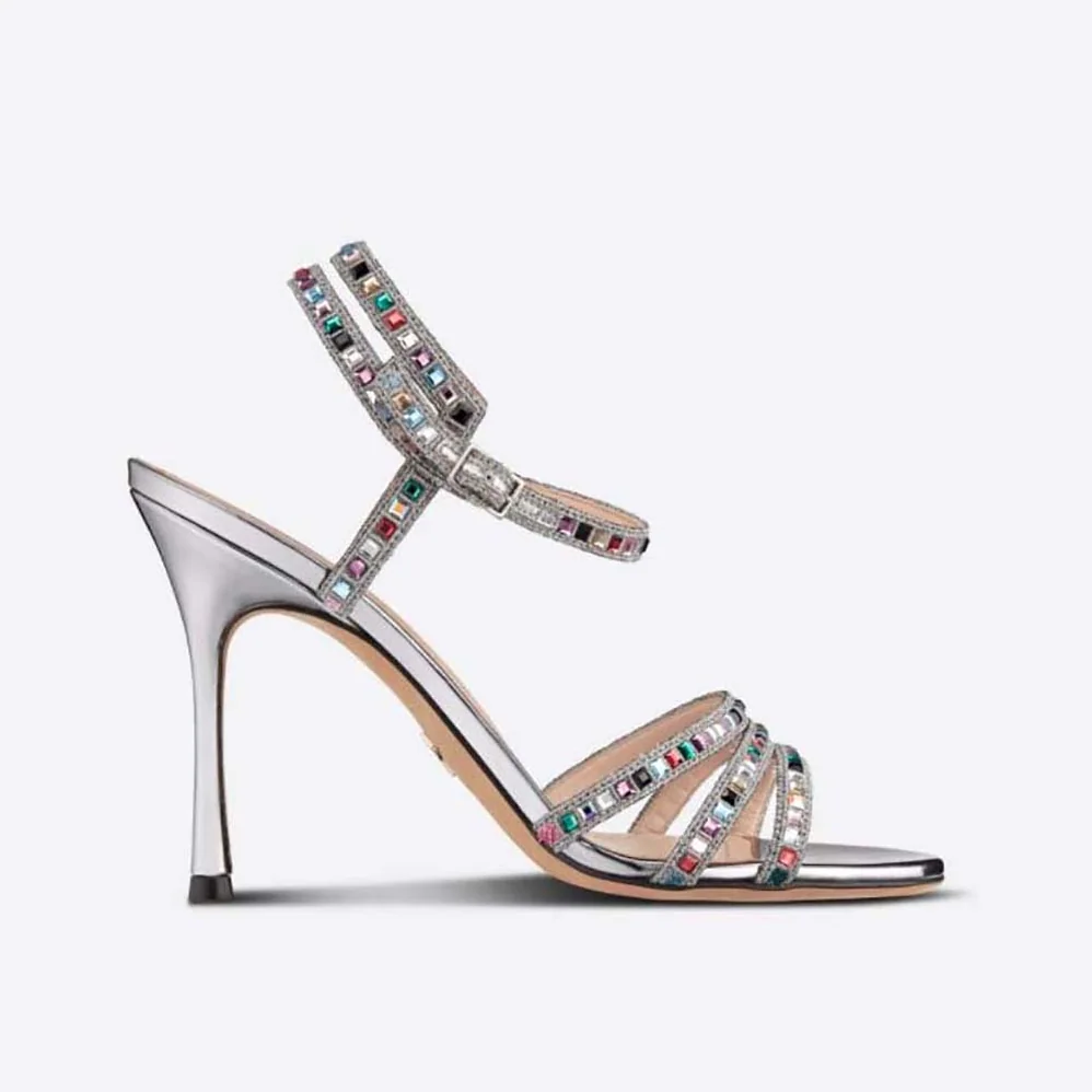 Dior Gem Heeled Sandal Silver for Women in Tone Cotton Embroidered Dior Gem Heeled Sandal Silver for Women in Tone Cotton Embroidered