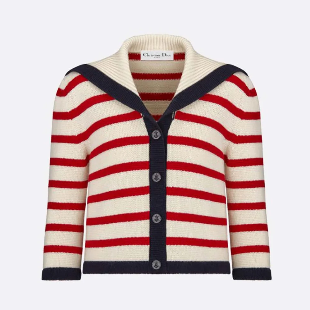 Dior Mariniere Cardigan Red and Ecru D-Stripes Ribbed Wool and Cashmere Knit for Women