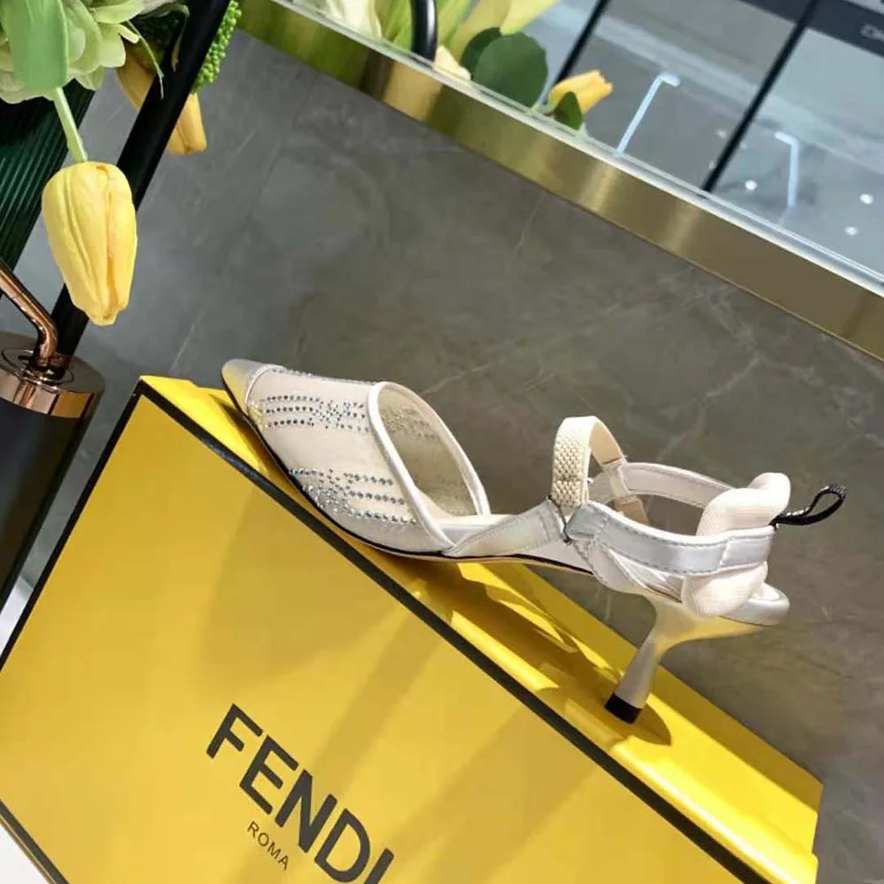 Fendi Colibri Medium Heel Pink Mesh Slingbacks with Rhinestone Embroidery for Women