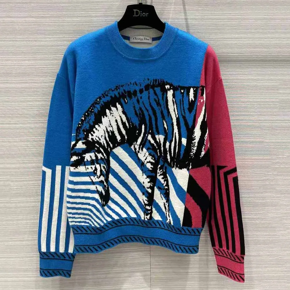 Dior Sweater Bright Blue and Pink D-Jungle Pop Double for Women in Sided Technical Cashmere