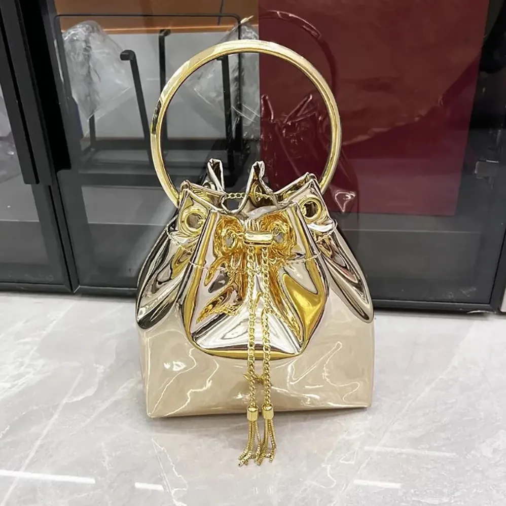 Jimmy Choo Bon Bon Gold Mirror Fabric Mini Bag with Metal Handle for Women Jimmy Choo Bon Bon Gold Mirror Fabric Mini Bag with Metal Handle for Women