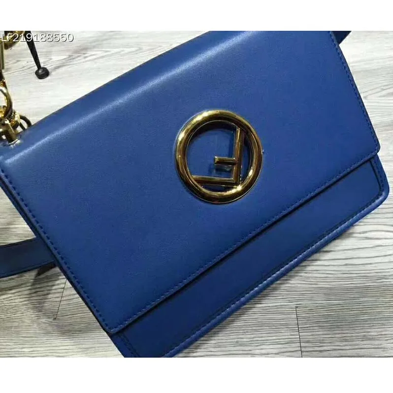 Fendi KAN I F Top Flap Leather Bag with Strap in Navy