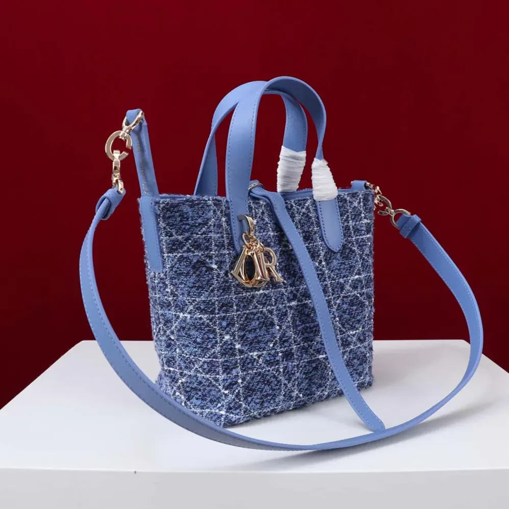 Dior Small Dior Toujours Vertical Tote Bag Blue Tweed with White Cannage Motif for Women Dior Small Dior Toujours Vertical Tote Bag Blue Tweed with White Cannage Motif for Women