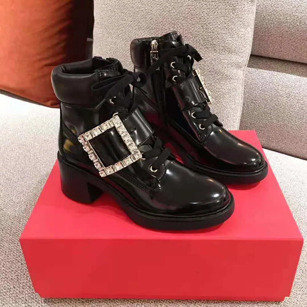 Roger Vivier Viv' Rangers Strass Buckle Ankle Boots in Leather-6cm Heel for Women Roger Vivier Viv' Rangers Strass Buckle Ankle Boots in Leather-6cm Heel for Women