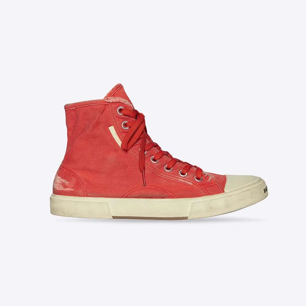 Balenciaga Paris High Top Sneaker in Red Destroyed Cotton and White Rubber for Unisex Balenciaga Paris High Top Sneaker in Red Destroyed Cotton and White Rubber for Unisex
