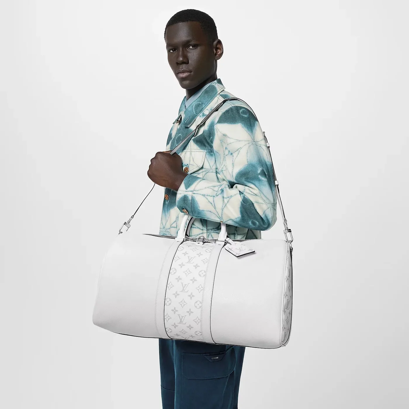 Louis Vuitton Keepall Bandouliere 50 Travel Bag in White Black Hardware Louis Vuitton Keepall Bandouliere 50 Travel Bag in White Black Hardware