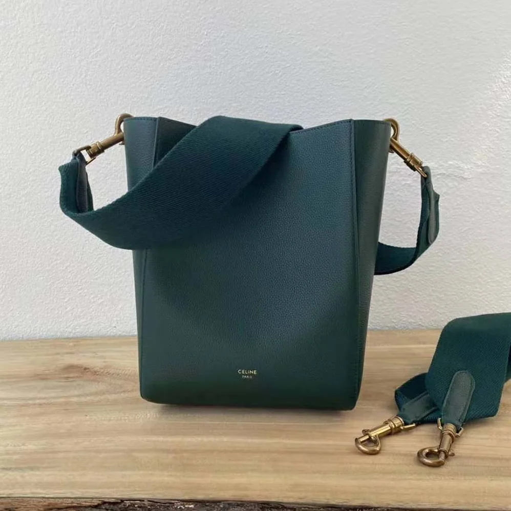 Celine Sangle Small Bucket Bag in Soft Grained Calfskin for Women in Green