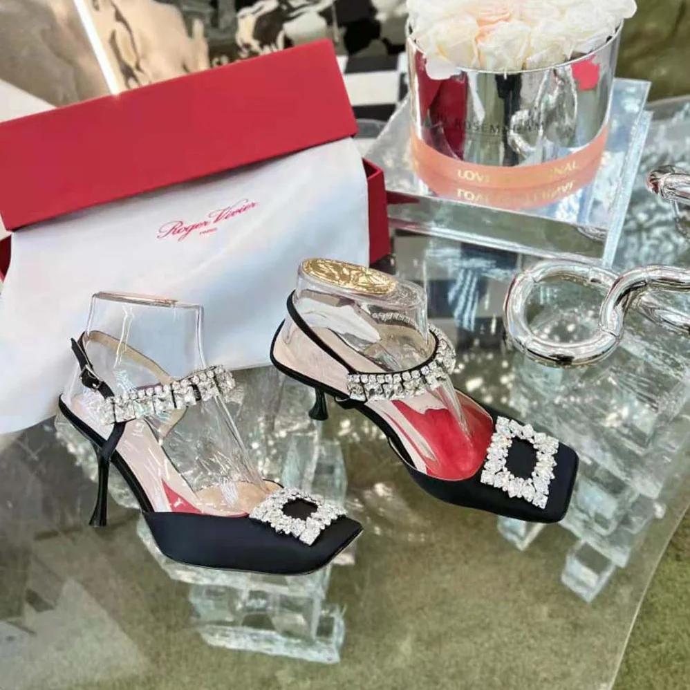 Roger Vivier Slingback Pumps Rhinestone Buckle in Satin for Women in Black Roger Vivier Slingback Pumps Rhinestone Buckle in Satin for Women in Black