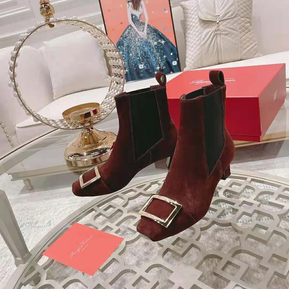 Roger Vivier Trompette Metal Buckle Chelsea Booties in Suede for Women in Maroon Roger Vivier Trompette Metal Buckle Chelsea Booties in Suede for Women in Maroon