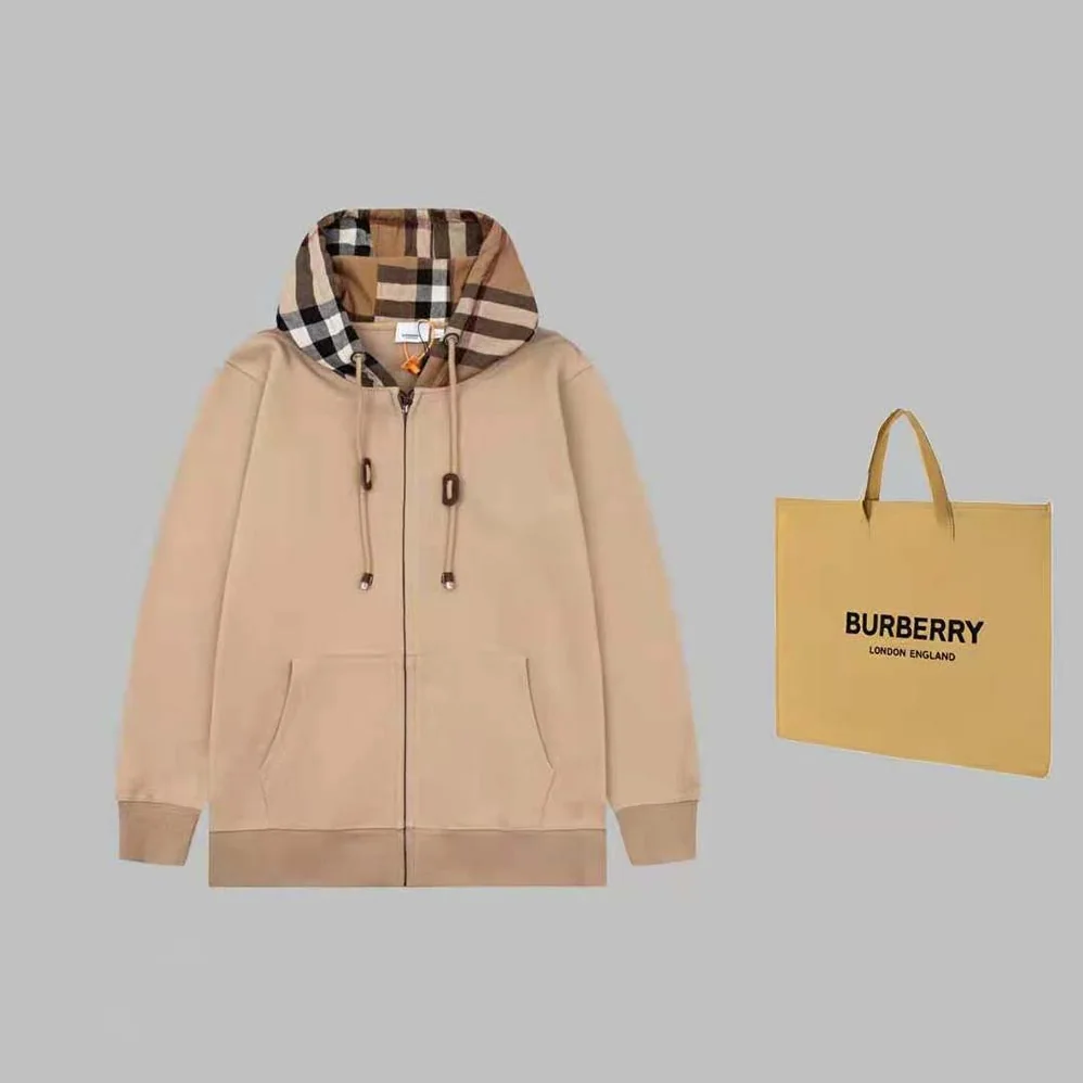 Burberry Check Trim Cotton Zip Hoodie for Men in Beige