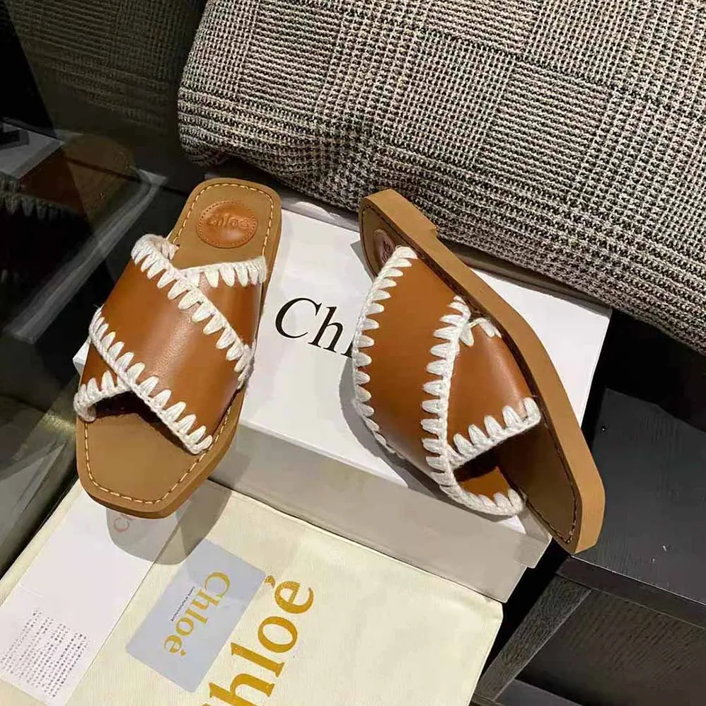 Chloe Woody Flat Slide for Women in Brown