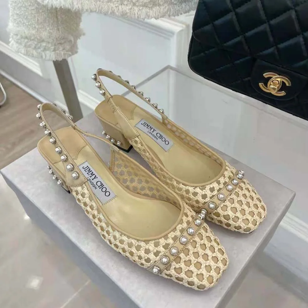 Jimmy Choo Hya 45 Barley Woven Raffia Slingbacks with Pearl Studs for Women