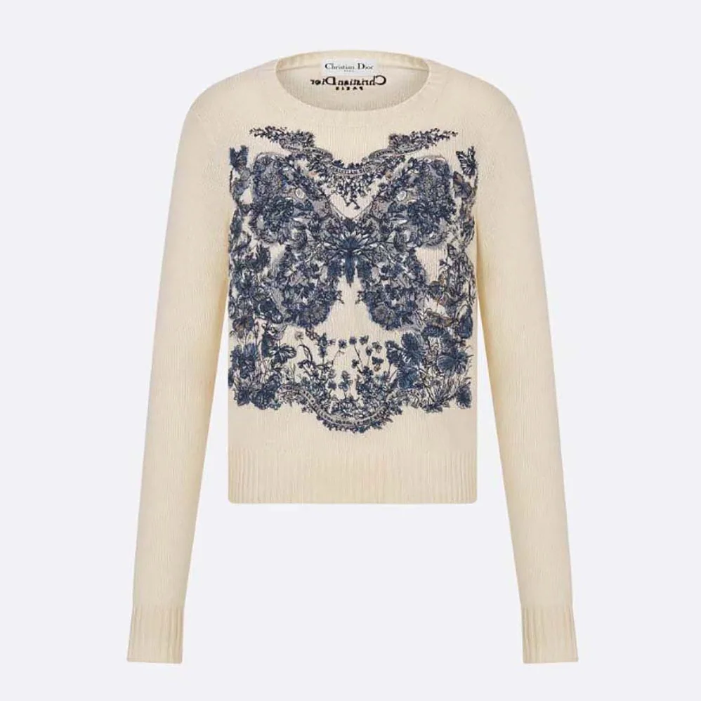 Dior Embroidered Sweater Ecru Cashmere Knit with Pastel Midnight Blue Butterfly Around The World Motif for Women