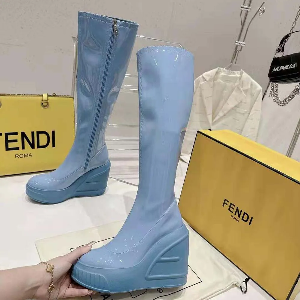 Fendi Fashion Show Blue Patent Leather Boots for Women