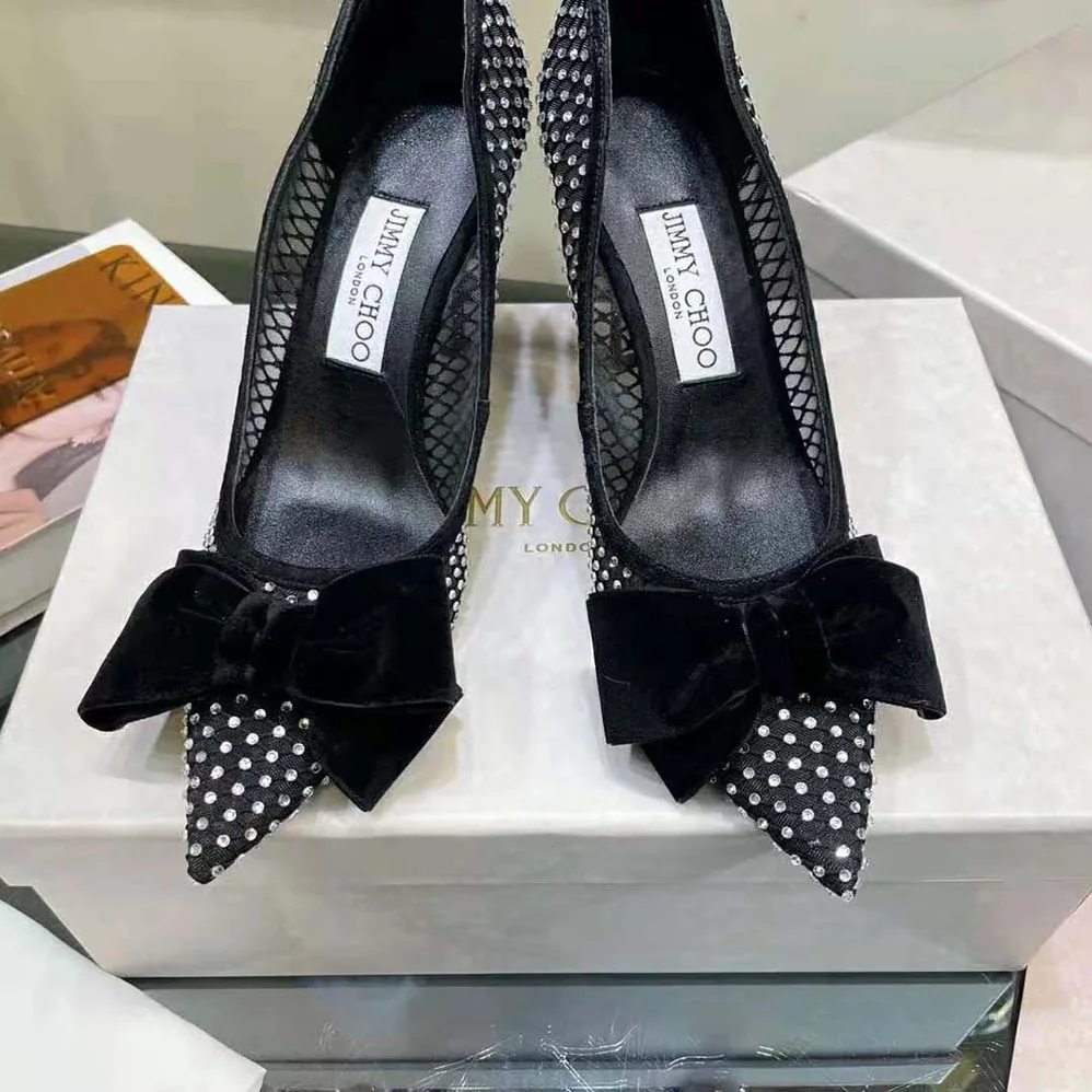 Jimmy Choo Love 100 Black Crystal Mesh Pumps with Bow for Women Jimmy Choo Love 100 Black Crystal Mesh Pumps with Bow for Women