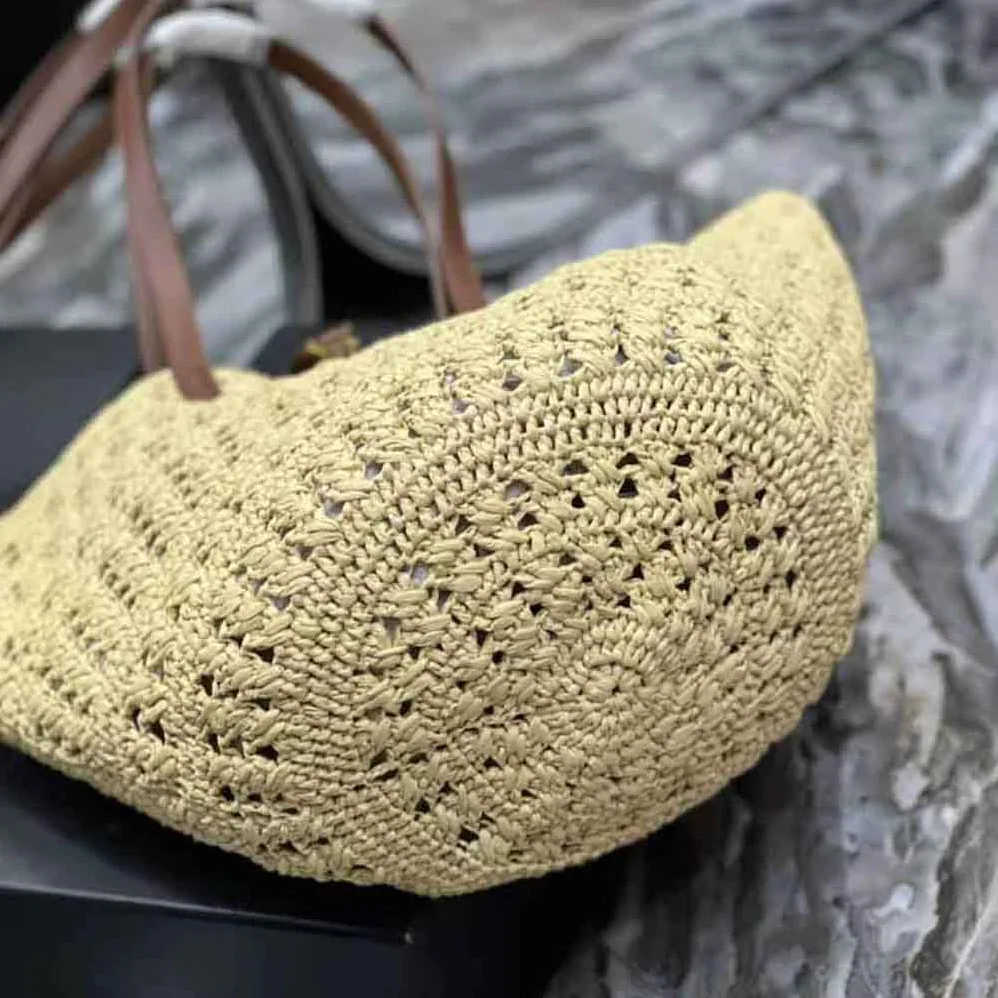 Saint Laurent YSL Panier Medium Bag in Crochet Raffia and Smooth Leather for Women