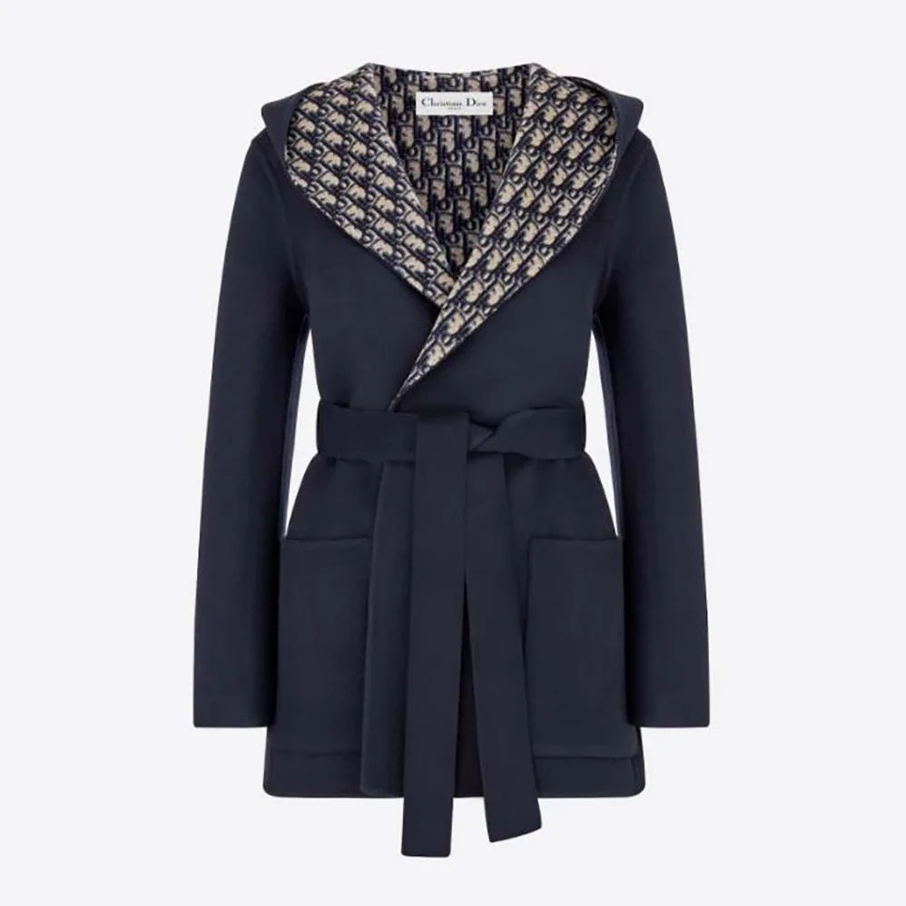 Dior Cropped Coat with Hood and Belt Navy Blue Double for Women in Sided Wool